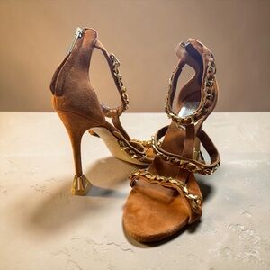 Brown Suede High Heel Sandals with Gold Chain Detail - Women's